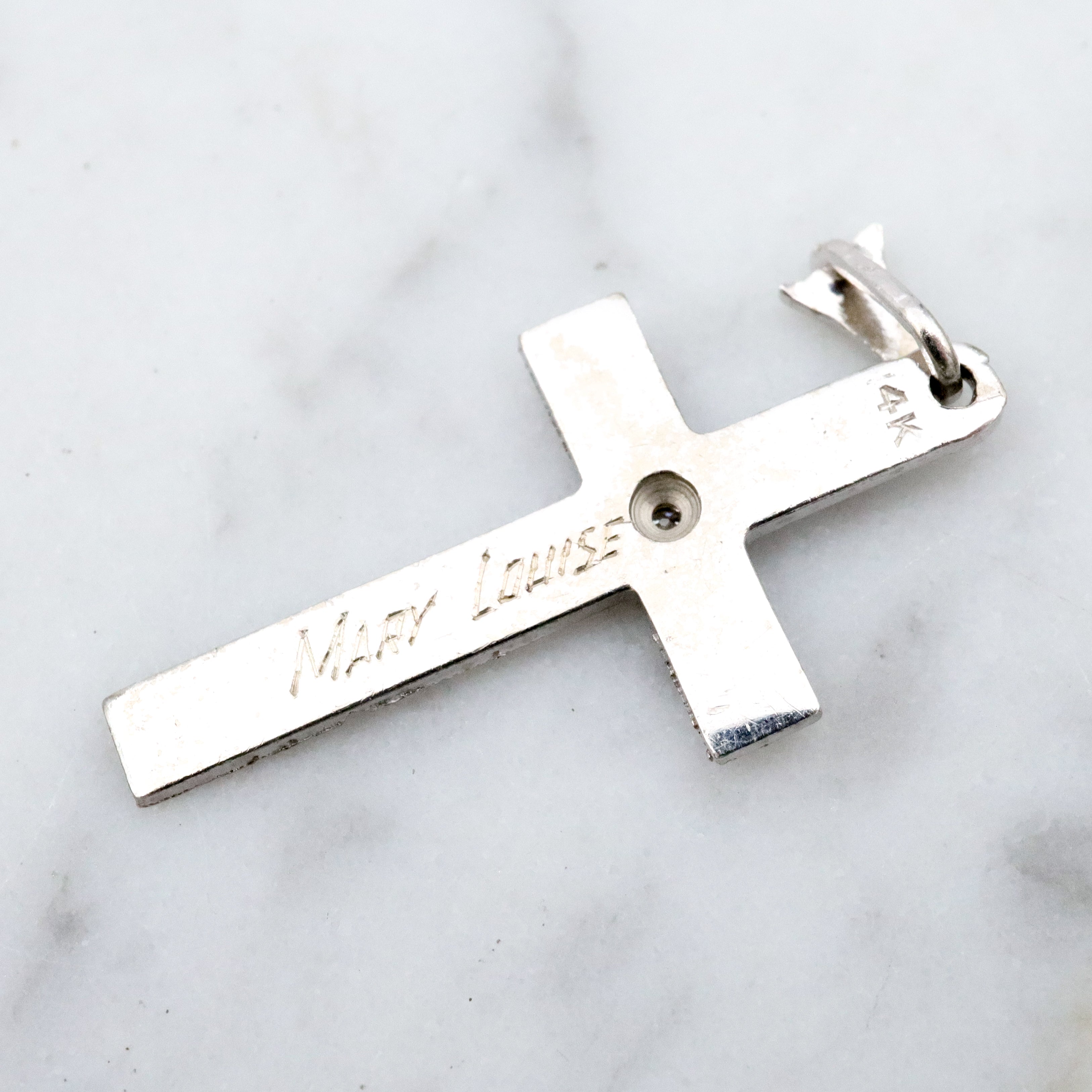 Antique Art Deco 14k white gold engraved cross pendant with old mine cut diamond